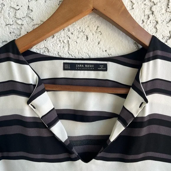 ZARA Basics Quarter Sleeve V-Neck Striped Blouse Women’s Small - Picture 4 of 6